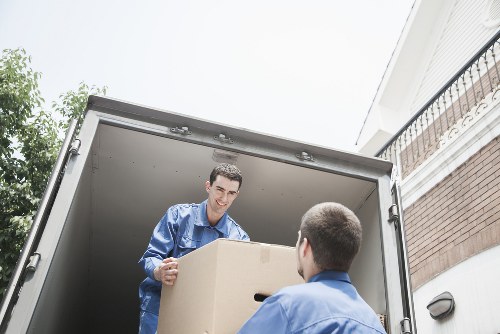Packed office furniture and equipment ready for transport